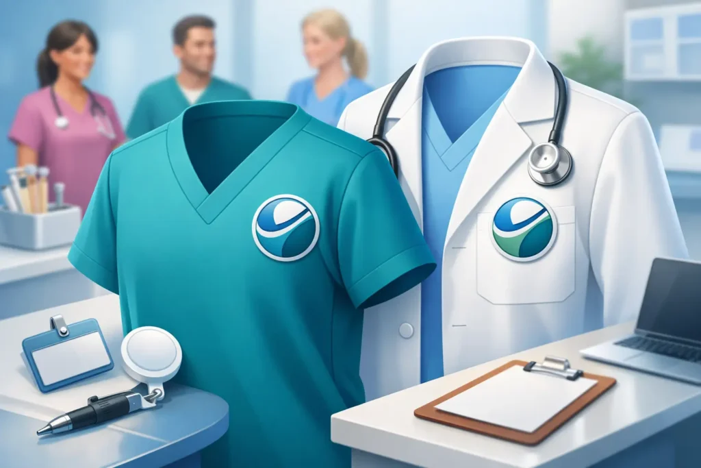 Klinikuniform med logotyp för ett starkt team